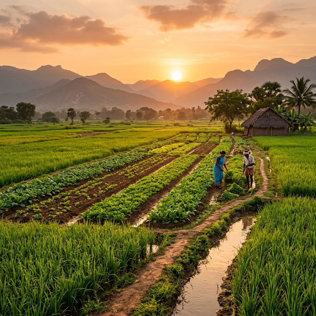 Indian farmland at sunset